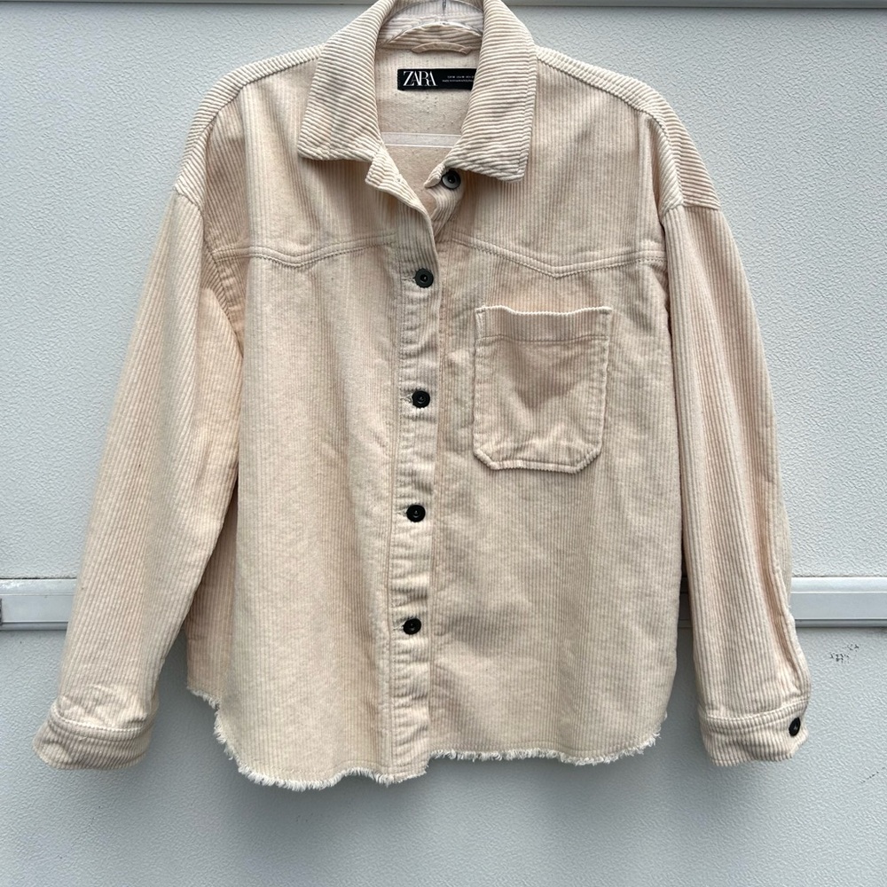 Zara Corduroy Shacket Cream Ivory Raw Hem Shirt Jacket Women M Casual Layer - Picture 3 of 14